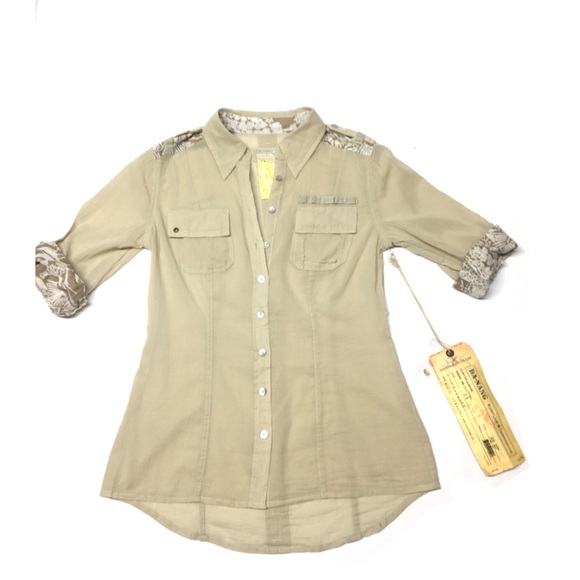 Da-Nang Woven Mastic Button Up Blouse • Tan Floral Trim • Roll Tab Sleeves - Picture 9 of 13